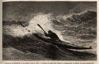 Een Groenlandse kajak, die de golfbarrière passeert. Gravure ter illustratie van de reis naar de vrije zee van de Noordpool, door dokter Hayes, chirurg van de Amerikaanse marine, in 1860-1862, gepubliceerd in 