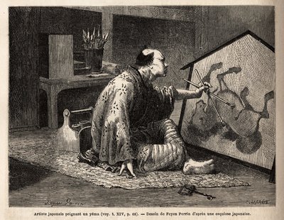 Een Japanse kunstenaar schildert een yema (legendarisch paardenschilderij). Gravure ter illustratie van de reis naar Japan, in 1863-1864, door Aime Humbert, minister van de Zwitserse Confederatie, in Le tour du monde, nouveau journal des voyages door Unknown artist