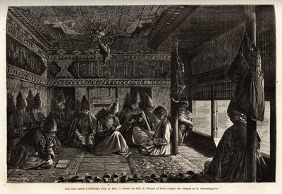 Een Tataarse school in Schusha (Transkaukasië, Rusland), onderwijs wordt gegeven aan jongens door de mullah, en bestaat uitsluitend uit lezen en schrijven, evenals commentaar op de verzen van de Koran. Gravure ter illustratie van de reis in de provincies v door Unknown artist