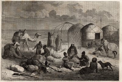 Een Turcoman kamp in het grensgebied van Turkestan en Perzië, elke tent, gemaakt van houten traliewerk en bedekt met vilt, herbergt een gezin. Gravure ter illustratie van het verhaal van Henri de Blocqueville 
