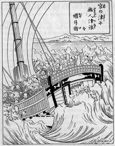 Een achtergrondgolf veroorzaakt door een aardbeving. Facsimile van een gravure uit een Japans werk over aardbevingen. Gravure in 