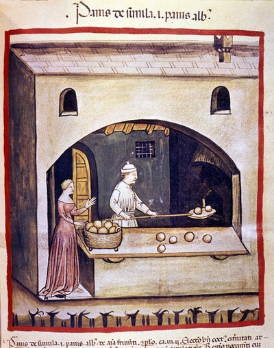 Een bakker bereidt wit brood en griesmeelbrood. Verlichting uit de melk van geneeskunde en diëtetiek “Tacuinum sanitatis” door Unknown artist