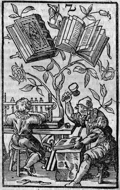 Een boekbinderij in de Middeleeuwen. door Unknown artist