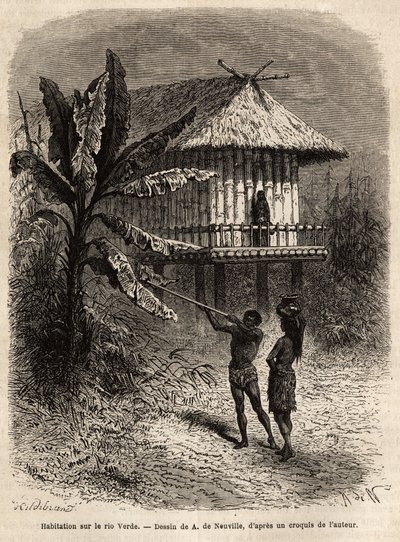 Een stel Indianen uit Rio Verde (Brazilië) de man met zijn blaaspijp, voor een typisch huis op palen. Gravure ter illustratie van de reis naar Nieuw-Granada, door Dr. Saffray, in 1869, gepubliceerd in 