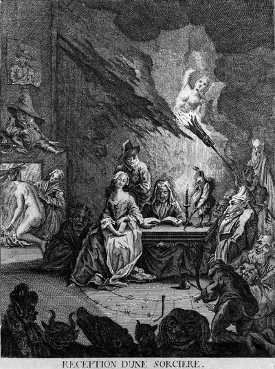 Een meisje wordt ontvangen door een heks, omringd door monsterlijke wezens (bij een inwijdingsceremonie?). Gravure uit de 17e eeuw door Unknown artist