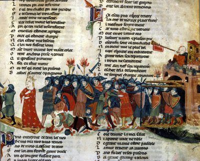 Een koning wordt gevangengenomen en meegenomen door het vijandelijke leger terwijl de slachtoffers van de slag op de grond liggen. Miniatuur van de “Roman de Troy” door Benoit de Saint Maure. 14e eeuw Biblioteca Marciana, Venetië door Unknown artist