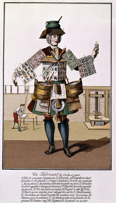 Een fabrikant van speelkaarten. Gravure uit de 17e - 18e eeuw na 