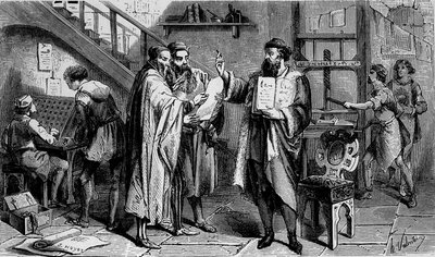 Een drukkerij in de 15e eeuw, gravure 19e eeuw door Unknown artist