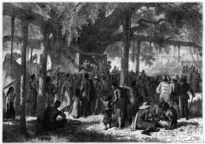 Een voorstelling van poppen in Annam. Gravure in 