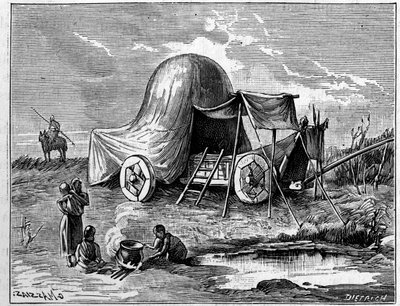 Een tent gemonteerd op een kar uit de tijd van de Galliërs. Gravure in 