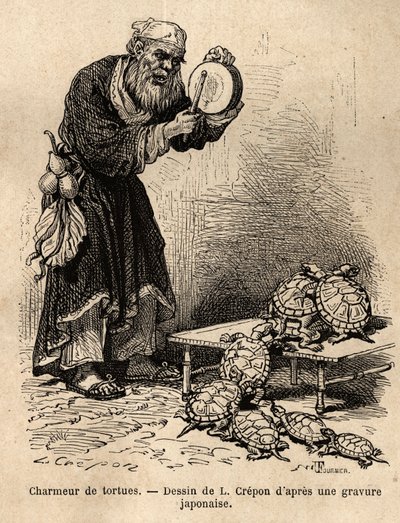 Een schildpadbetoveraar, behorend tot de tussentijdse jam tussen bedelaars en sprookjesachtige charlatans. Gravure ter illustratie van de reis naar Japan, door Aime Humbert, minister van de Zwitserse Confederatie, in 1863-1864, gepubliceerd in 