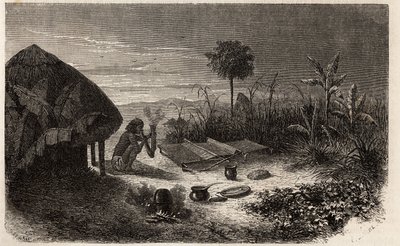 Een wever en zijn wever, aan de oevers van de Zambeze rivier. Gravure ter illustratie van Dr. Livingstone