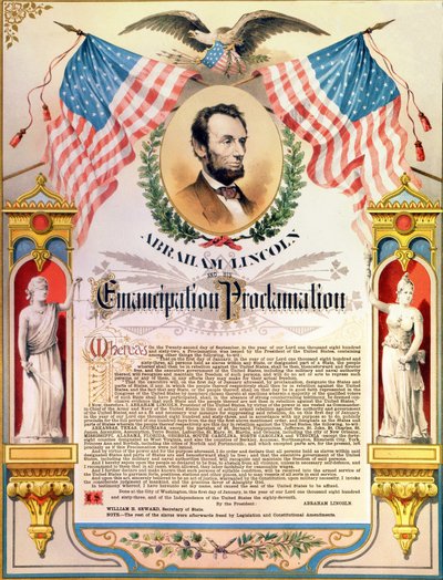 Abraham Lincoln en zijn proclamatie van de emancipatie van slaven (vlaggen en adelaar). 22/09/1862 door Unknown artist