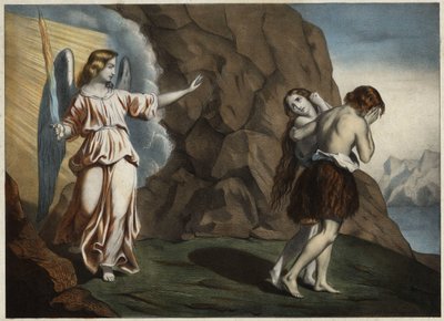 Adam en Eva verdreven uit het Paradijs. Anonieme gravure uit het midden van de 19e eeuw. door Unknown artist