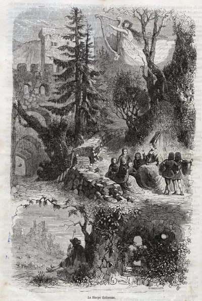 Aeolische harp - windharp - Arpa eolia - Windharp - muziekinstrument bespeeld door de wind - gravure uit 1860 door Unknown artist