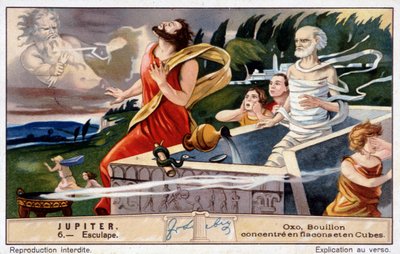 Aesculapus sterft, getroffen door Jupiter, voor het opwekken van de doden - Oxo chromolithografie, geproduceerd door Liebig door Unknown artist