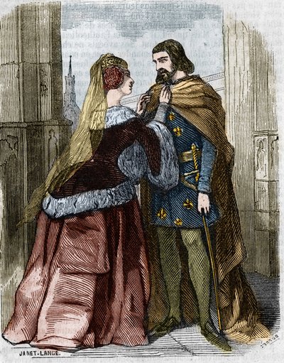 Agnes Sorel (1422-1450) en koning Karel VII van Frankrijk in de abdij van Jumieges. Gravure uit de 19e eeuw. door Unknown artist