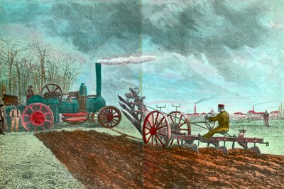 Landbouwarbeid en vooruitgang: stoomploegen. Gravure uit de 19e eeuw. Privécollectie door Unknown artist