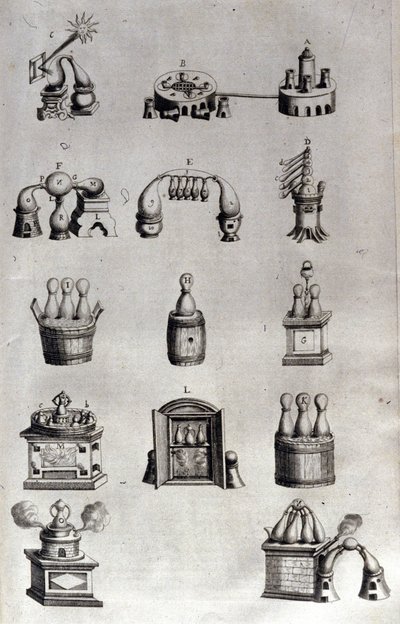 Alchemie: bord dat verschillende modellen van distillatieapparatuur en ketels voorstelt. Athanase Kircher (of Athanasius Kircheri 1602-1680), Duitse jezuïet. Gravure uit de 17e eeuw. door Unknown artist