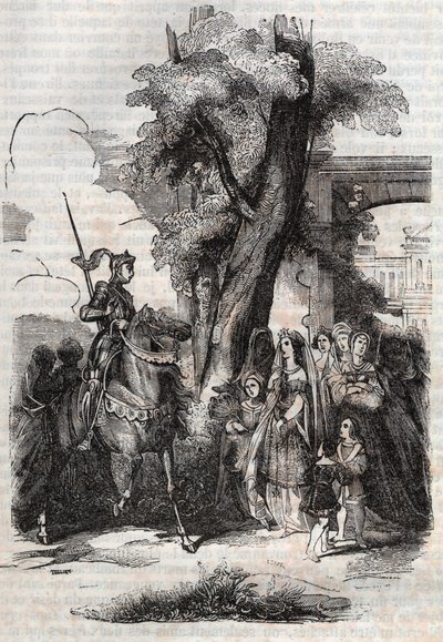 Alcina en haar hof komen Ruggiero begroeten - gravure van 1851 uit het gedicht Orlando furioso (1516) door Ludovico Ariosto - Editie vertaald uit het Italiaans door de Graaf van Tressan en uitgegeven door Gustave Harvard 1851 door Unknown artist