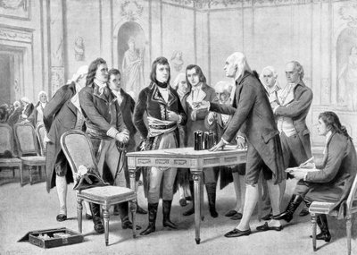Alessandro (Alexandre) Volta legt aan Napoleon Bonaparte het principe van zijn elektrische batterij uit - in "Het Universum en de Mensheid" door Kraemer door Unknown artist