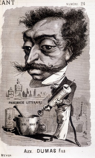 Alexandre Dumas Fils en zijn "literaire apotheek" - in "Le Géant" van 02/08/1868 door Unknown artist