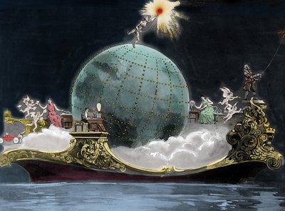 Allegorie over de vooruitgang van wetenschap en technologie met betrekking tot elektriciteit: rond de wereldbol zijn afgebeeld de Italiaanse natuurkundige Guglielmo Marconi (1874-1937), uitvinder van de telegraaf, een vrouw op een draadloze telegrafiestati door Unknown artist