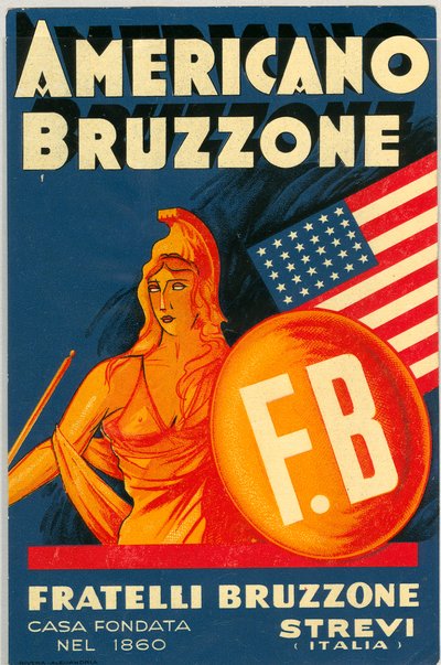 Americano Bruzzone alcohol advertentie met een Amerikaanse vlag (Chromolithografie, eind 19e eeuw) door Unknown artist