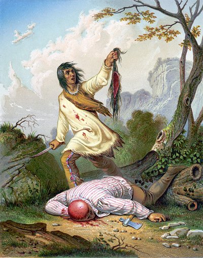 Een Amerikaanse Indiaan die een mes en een scalp vasthoudt boven een man die op de grond ligt door Unknown artist