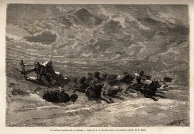 Een eskimo-slee en zijn hondenteam, de snelste en meest betrouwbare manier om in het Noordpoolgebied te reizen. Gravure ter illustratie van de reis naar de vrije zee van de Noordpool, door dokter Hayes, chirurg van de Amerikaanse marine, in 1860-1862, gepu door Unknown artist