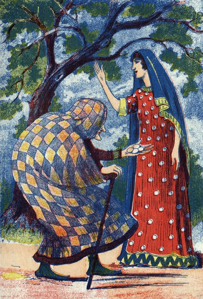 Een oude dame geeft vier eieren aan Florine. Anonieme illustratie voor het verhaal 