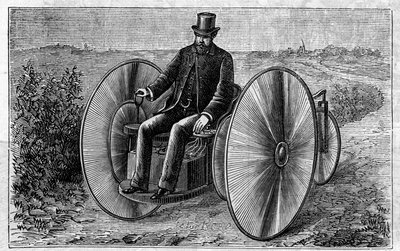 Toepassing van Faure-batterijen: elektrische driewieler die door de accumulator beweegt. Gravure in 