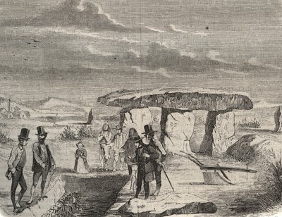 Archeologische opgravingen: ontdekking van Gallische graven nabij de Dolmen de la Pierre aux Fées in de Oise. Gravure uit 1856 in 