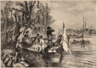 Rond Parijs in 1857. De kanoërs in Asnières. Gravure in 