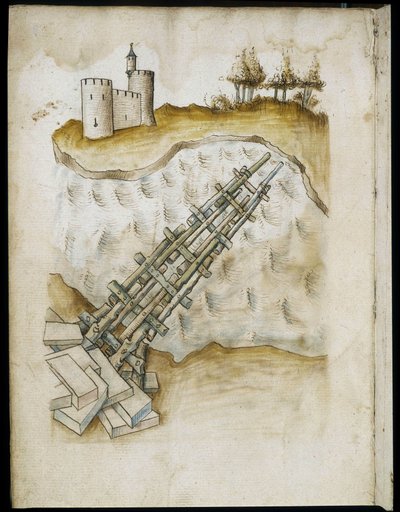 Indeling van een houten brug - Manuscript: perkamentblad uit een ingenieurshandboek voor de bouw van civiele, religieuze en militaire gebouwen, anoniem, eind 15e eeuw (figuur in Chinese inkt) door Unknown artist