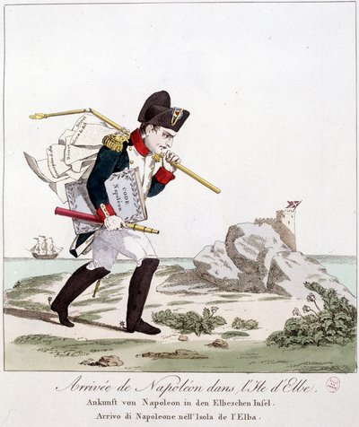 Aankomst van Napoleon op het eiland Elba (dragend onder de arm van Code Napoleon) - in "Napoleon 1e, karikaturen, dummy collectie", c. 1814 door Unknown artist