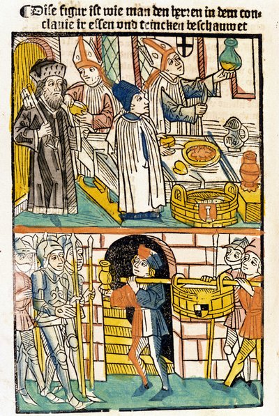 Aankomst van voedsel zodat de leden van de Raad van Konstanz (1417) tijdens welke paus Martinus V werd gekozen, konden eten. 