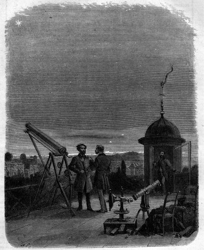 Astronomen observeren met hun astronomische telescopen de planeet Mercurius in de lucht van Parijs, 17 februari door Unknown artist