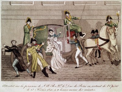 Aanval op de hertog van Berry door Louis Pierre Louvel bij het verlaten van de Opera op 13 februari 1820 (gravure 19e eeuw) door Unknown artist