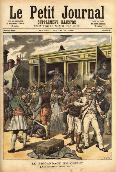 Aanval op een trein door rovers in de buurt van Cherkessklui, na het organiseren van de ontsporing van het konvooi, vangen Athanos en zijn rovers de passagiers om ze te ruilen voor een wrok. Gravure in 