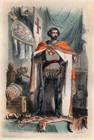 Boudewijn I van Constantinopel - Portret van Boudewijn I, Latijnse Keizer van het Oosten (1171-1206), werd Keizer van Constantinopel door deelname aan de Vierde Kruistocht. Ook bekend als Boudewijn IX van Vlaanderen (of Boudewijn VI van Henegouwen). Gravur door Unknown artist