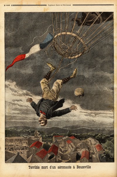 Ballonongeluk in Beuzeville, na een verlies van gas verloor de luchtvaarder de controle en viel uit zijn ballon, waarin hij zonder gondel was ingestapt. Gravure in 