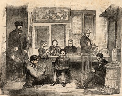 Mandenvlecht- en leeswerkplaats voor blinden aan Euston Road in Londen, georganiseerd door de Vereniging ter Bevordering van het Algemeen Welzijn van Blinden. Gravure in 