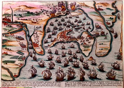 Slagplan van Cales Males (Spanje) op 30 juni 1596. De vloot van het Nederlandse en Engelse leger komt als vrienden binnen met 180 schepen. De volgende dag, 1 juli, verrast door verraad, moesten ze de stad met schaamte verlaten. Gravure door Unknown artist
