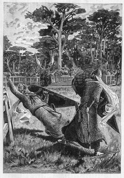 Slag van ridders Pinabel en Thierry in de Middeleeuwen in Frankrijk. Illustratie van de roman 