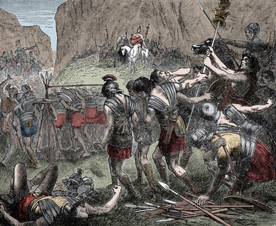 Slag bij de Caudijnse passen - 321 v.Chr. tussen de Romeinen en de Samnieten tijdens de Tweede Samnitische Oorlog door Unknown artist