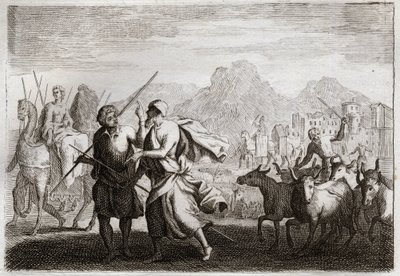 Bijbel van Royaumont, Oude Testament: Roeping van Abraham. God roept Abraham en beveelt hem het land van de Chaldeeën te verlaten om naar een land te gaan dat Hij hem beloofd heeft. Illustratie uit 1811. door Unknown artist