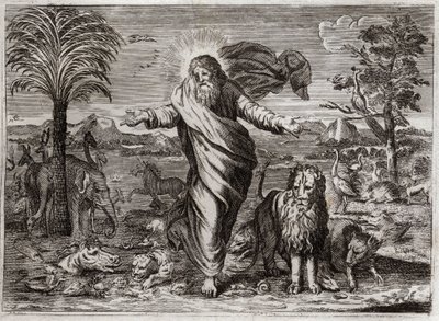 Bijbel van Royaumont, Oude Testament: Schepping van de Wereld. God haalt Hemel en Aarde uit het niets, en in zes dagen versiert Hij het en bevolkt het met wezens van allerlei soorten. Illustratie uit 1811. door Unknown artist