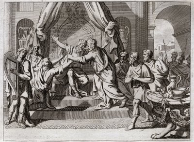 Bijbel van Royaumont, Oude Testament: David speelt de harp. Saul, door God verworpen, wordt gegrepen door de kwade geest. We zoeken een man die de harp kan bespelen om hem in zijn kwaad te verlichten. Illustratie uit 1811. door Unknown artist