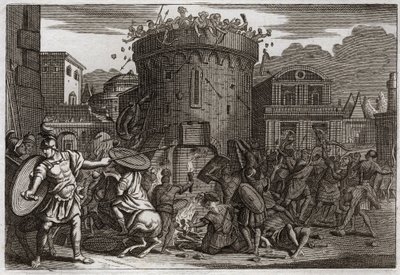 Bijbel van Royaumont, Oude Testament: De dood van Abimelech. Abimelech wordt gedood door een vrouw die hem met een steen verplettert bij het beleg van Tebetz. Illustratie uit 1811. door Unknown artist